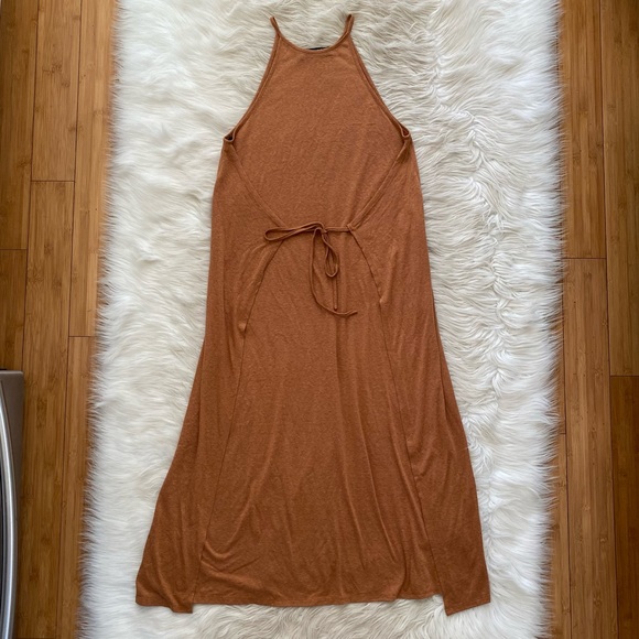 Eloquii Tan Sleeveless Slub knit Wrap Tie Front Lightweight High Neck Midi Dress - Picture 2 of 12